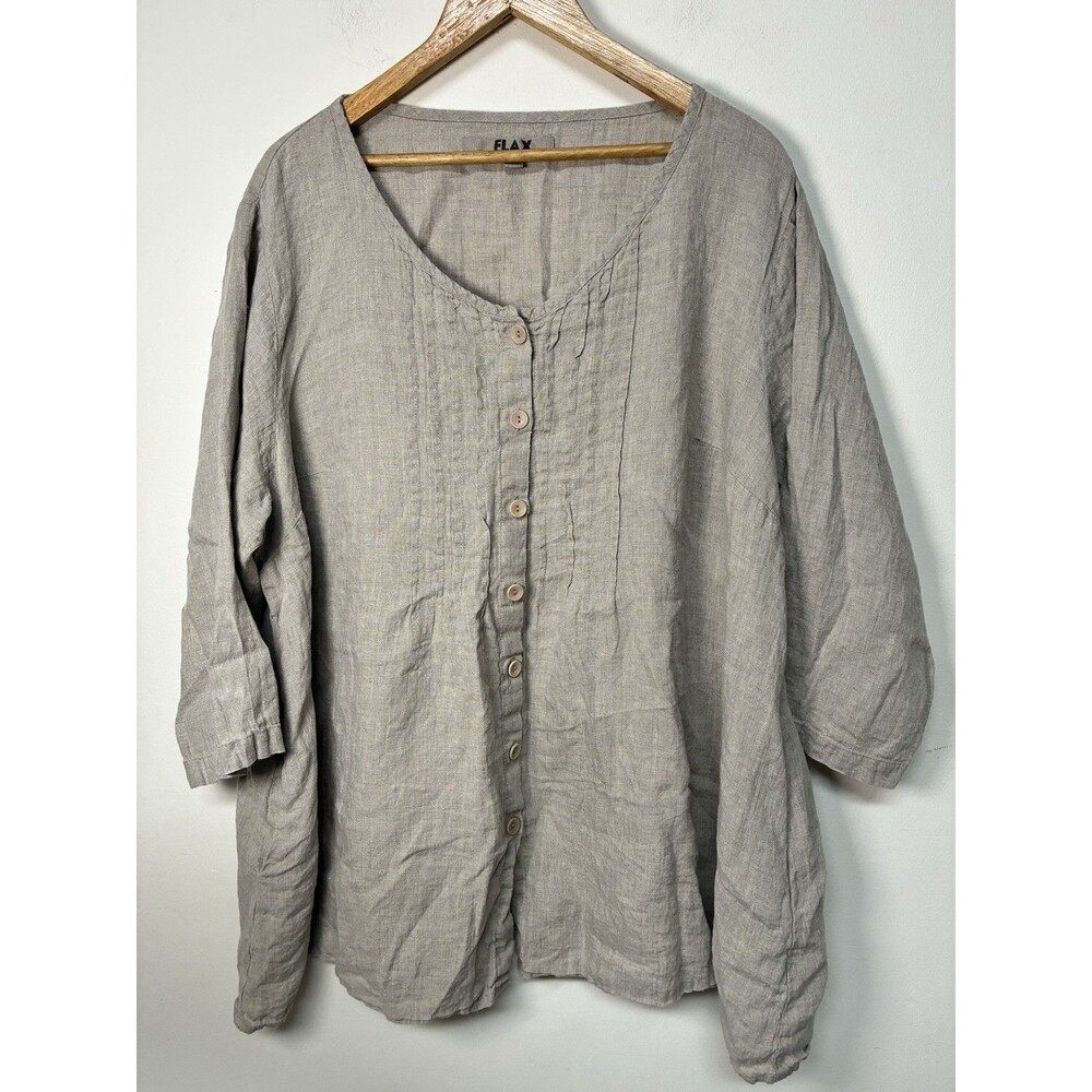 FLAX 100% Linen Pintuck Detail Tan Oatmeal Button Down Relaxed Size 1X